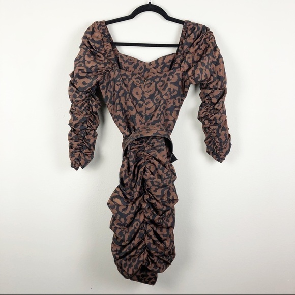 Nicholas Gathered Ruched Belted Leopard Print Mini Dress Brown Cocktail Party - Picture 3 of 9